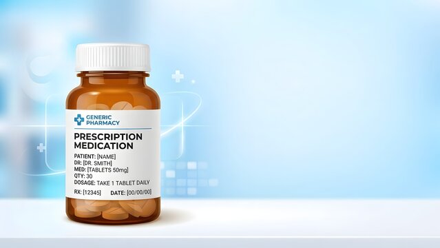 Brown prescription medication bottle filled with pills on a white surface with a blue blurred background and medical icons.