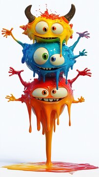 Colorful, stack of three cartoonish monsters. Each is covered in dripping paint