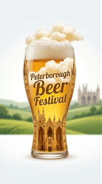 Cold glass of beer with foam featuring Peterborough Cathedral silhouette. Celebration of beverage event in England. Regional craft brewery tradition and summer social gathering concept.