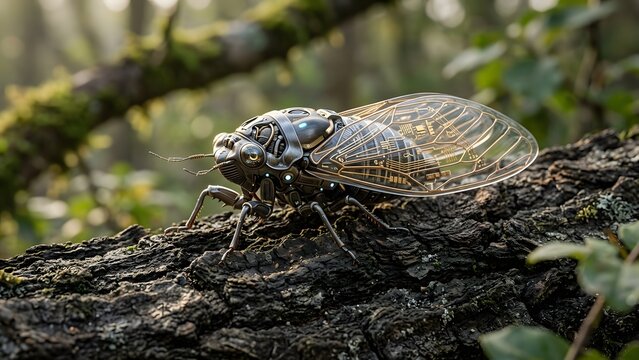 Detailed mechanical cicada with intricate circuitry on its wings resting on a textured tree branch in a forest setting.