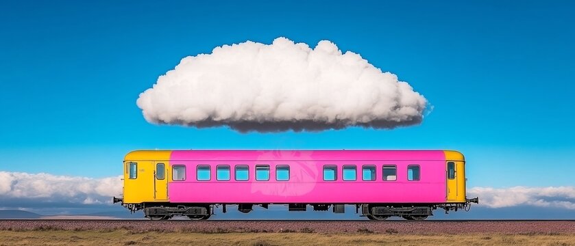 Colorful train car under a cloud in bright blue sky. Rolling on tracks