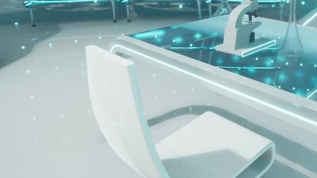 A laboratory setup shows a clear table with a microscope on it. The space uses bright lights and has a sleek design. Digital elements are visible, creating a futuristic feel.