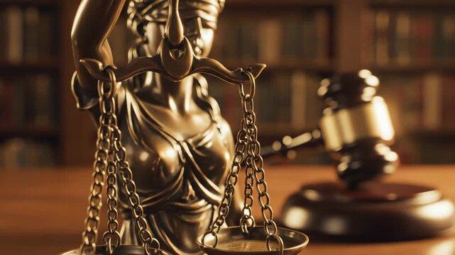 justice statue and gavel in library symbol of law and order