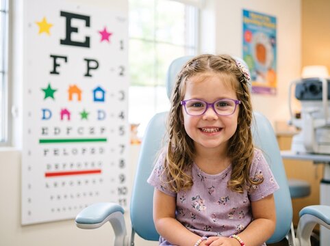 Happy young girl smiling during eye chart vision test in pediatric clinic