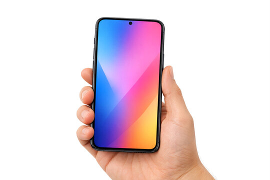 Person's hand holding a pink and blue gradient smartphone, showcasing vibrant colors.