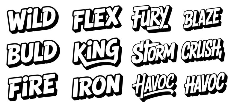 Bold Typography Lettering Collection, Wild, Flex, Fury, Blaze, King, Storm, Crush, Fire, Iron and Havoc Words for Streetwear Apparel Merchandise Branding Posters and Stickers