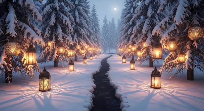 Magic winter forest path illuminated by glowing lanterns and christmas lights covered in deep snow at twilight