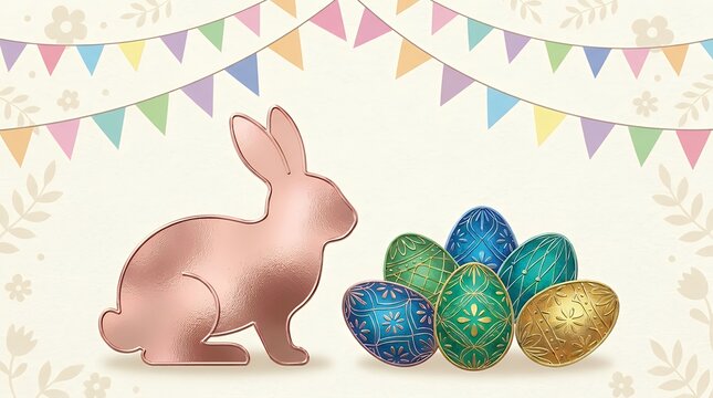 Shiny metallic rabbit and festive oval figures silhouette with hanging pennant banners for spring holiday greeting card design easter bunny eggs golden silhouette bunting flags festive holiday wishes