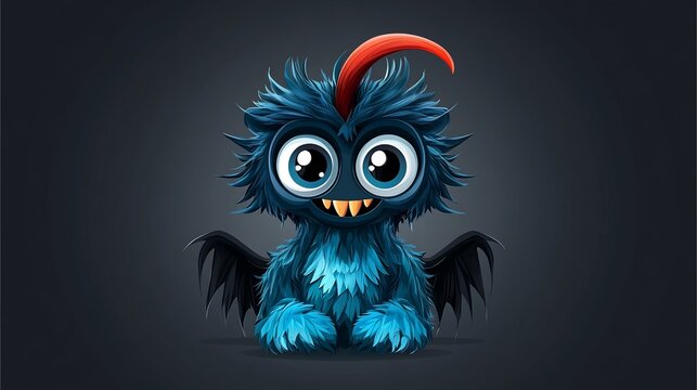 Cute blue furry creature with big eyes, wings, orange tongue, and small fangs