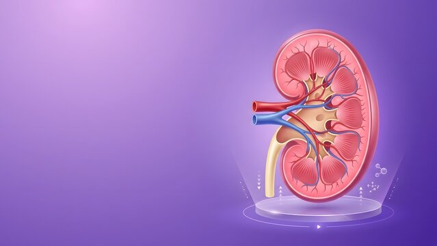 Detailed cross-section of a human kidney, showcasing internal structures like the renal cortex, medulla, pelvis, and blood vessels, presented on a luminous purple background.