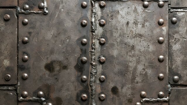 Close-up texture of a riveted and welded metal plate with scratches and stains