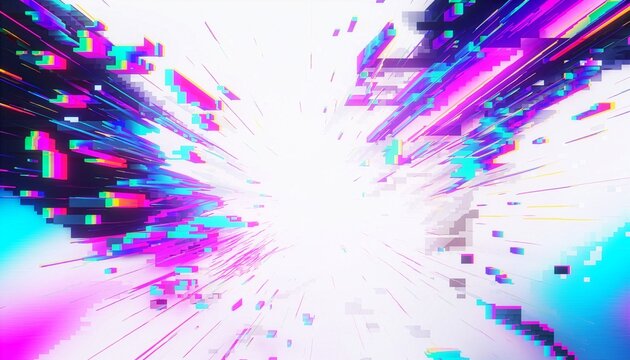 白を基調とした空間にカラフルなデジタルグリッチが放射状に広がるサイバー背景