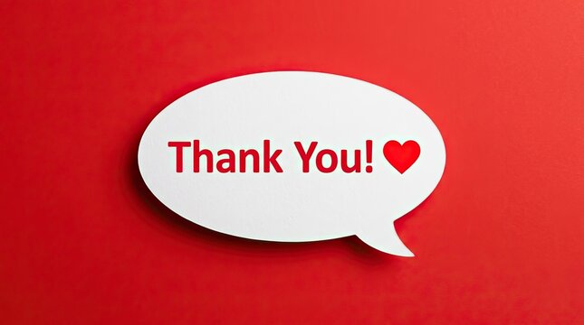 A white speech bubble containing the words thank you with a red heart on a solid red background