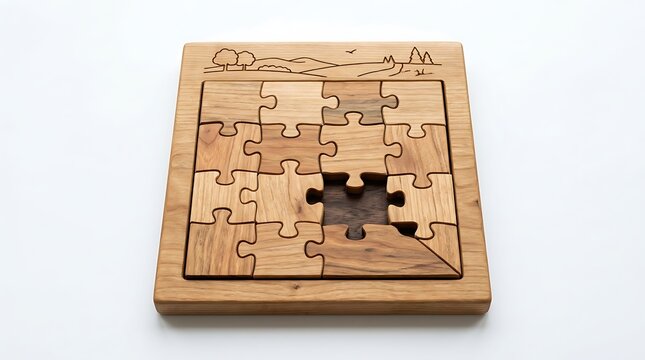 Natural grain wooden jigsaw puzzle board featuring engraved landscape design with missing center piece with displays handcrafted wooden landscape engraving single