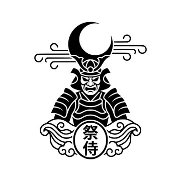 Samurai Warrior Emblem: A striking black and white emblem featuring a traditional Japanese samurai warrior mask, adorned with a crescent moon and intricate cloud-like motifs.