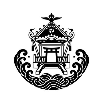 Shinto Shrine Crest: An intricate black and white crest featuring a traditional Shinto shrine, or 'mikoshi', encircled by stylized waves, symbolizing purification and respect for nature and deities.