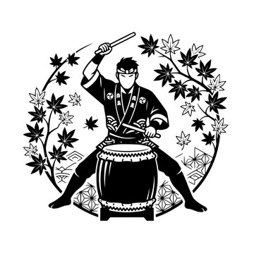 Taiko Drummer: A striking illustration of a Taiko drummer in traditional attire, energetically striking a large drum, surrounded by stylized maple leaves and geometric patterns.