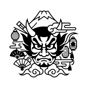Japanese Oni Mask with Mt. Fuji and Lanterns: A striking black and white illustration featuring a fierce Japanese Oni mask as the central element, surrounded by iconic cultural symbols like Mt. Fuji.