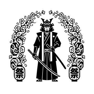 Samurai Warrior and Cherry Blossoms: A stoic samurai warrior, clad in traditional armor and holding a katana, stands proudly beneath a decorative arch adorned with cherry blossoms and paper lanterns.