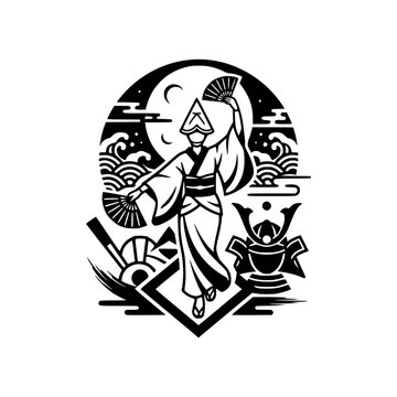 Geisha Dance under the Moon: A striking black and white illustration depicts a geisha in traditional attire.