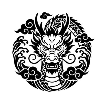 Mythical Dragon Emblem: A fierce dragon, rendered in a striking black and white illustration, is depicted within a circular motif surrounded by swirling clouds and waves.