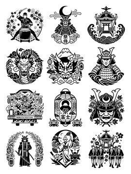 Japanese Culture Collage: A striking black and white collage showcases iconic elements of Japanese culture, including samurai, mythical creatures, traditional architecture, and artistic motifs.