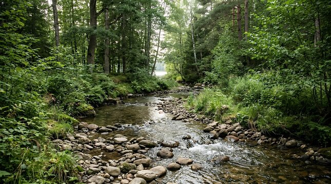 Peaceful Babbling Brook Flowing Over Smooth Stones Surrounded by Lush Lakeside Foliage and Tall Trees stream rocks trees outdoor grass path plant background river creek brook water flow nature