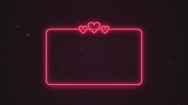 Neon glowing rectangular frame with three hearts for romantic video overlays on dark abstract background for valentine projects.
