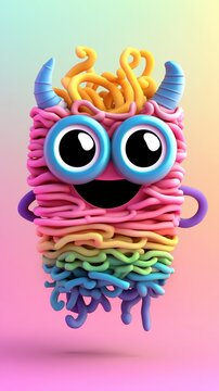 Cute, whimsical monster with noodle body, big eyes, and rainbow gradient fur