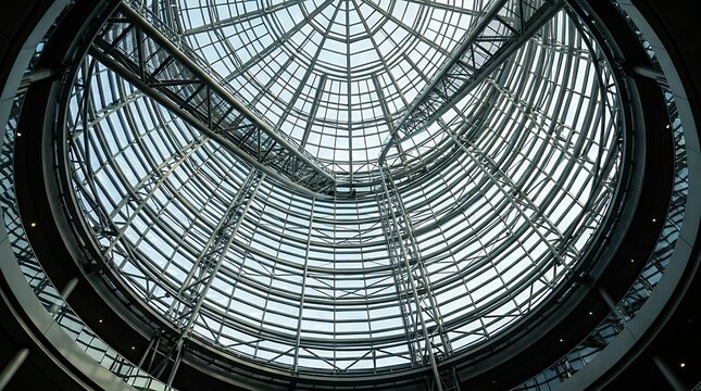 Architectural low angle perspective looking up at the complex steel framework supporting a modern transparent glass dome ceiling bottom-view iron structure glass roof architecture building modern