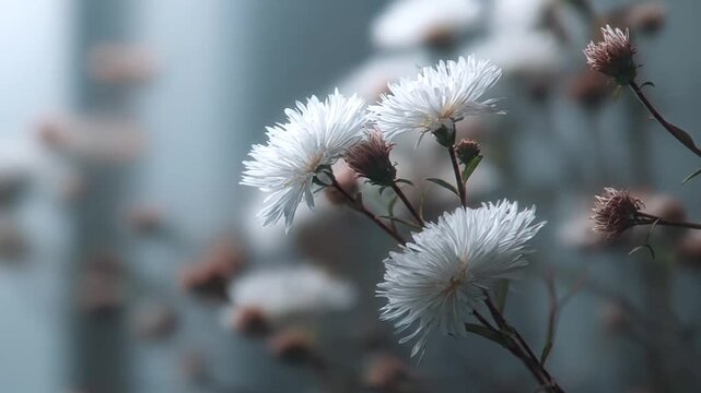 White aster flowers blooming in soft winter light