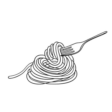 noodle with fork for web banner and food delivery service in simple linear style. Editable stroke.
