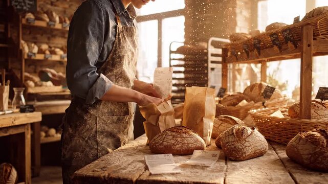 A baker meticulously packages freshly baked artisanal bread into paper bags in a rustic bakery. Sunlight illuminates flour dust, creating a warm, authentic atmosphere.