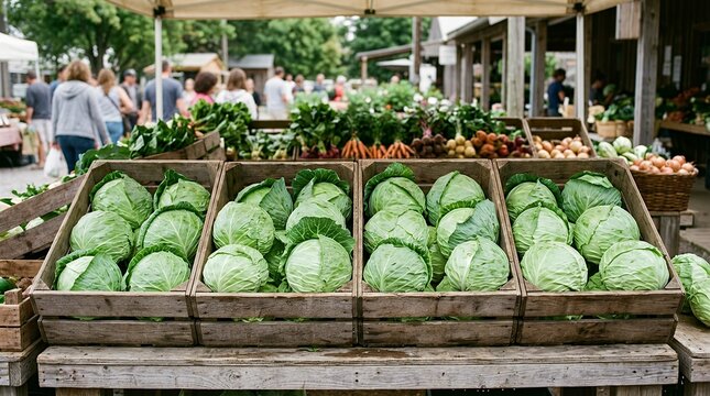 Fresh heads of green cabbage organized on a farm produce stand display cabbage vegetables market fresh market-stall produce local organic farm healthy food green raw head agriculture nutrition