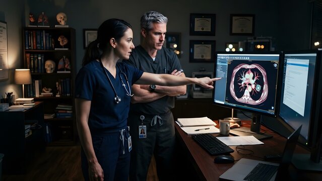 Two doctors in scrubs examining a CT scan of lungs on a computer screen in a dark office.