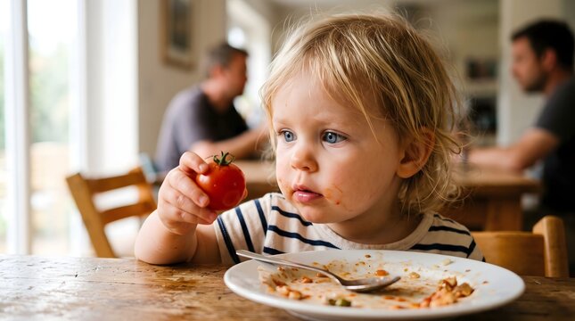 Cute caucasian toddler boy holding red cherry tomato at table. Child with messy face eating lunch, representing childhood nutrition.