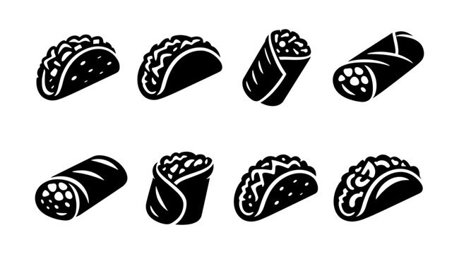 Collection of stylized black icons representing tacos and burritos on a white background