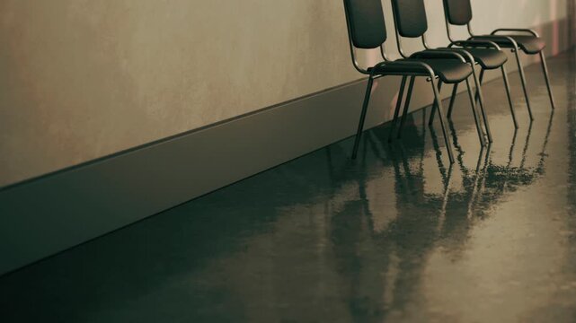 Chairs are lined up against a wall in an indoor area with a shiny floor. The setting is simple and may be used for waiting or events. The lighting is soft and indirect.