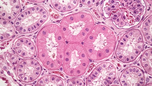 Close-up view of renal corpuscle and proximal convoluted tubules in kidney tissue under microscope