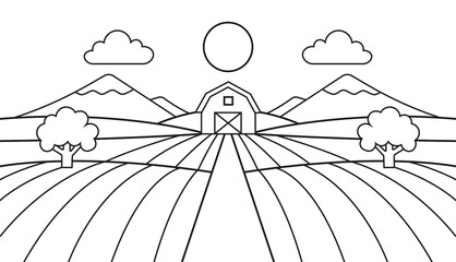 Illustrazione di campagna in stile cartone animato disegnata a mano, line art, doodle art, pagina da colorare per bambini