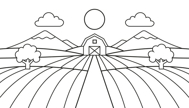 Illustration de paysage de dessin anim&eacute;, contour dessin&eacute; &agrave; la main, style gribouillage, page &agrave; colorier pour enfants