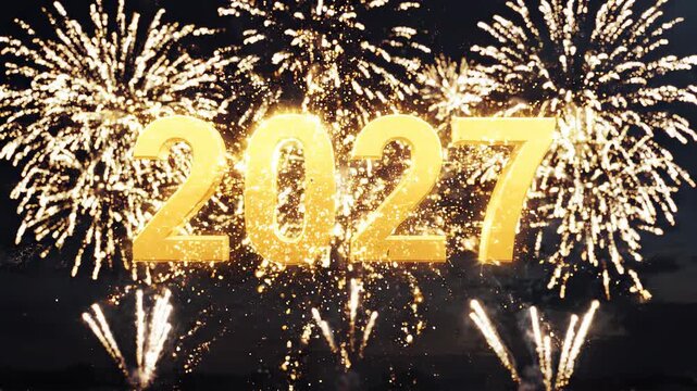 A festive countdown to New Year 2027 with sparkling golden numbers and spectacular fireworks. Ideal for celebrations.