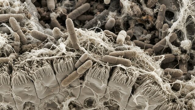 Scanning electron micrograph of E. coli bacteria attached to human intestinal villi.