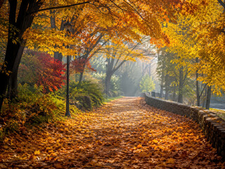 Fototapeta premium Golden Autumn Park Path with Fallen Leaves and Sunlight