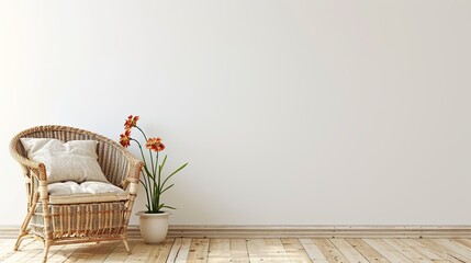 Obraz premium A bright minimalist living space with a wicker chair and potted plants resting against a plain white wall