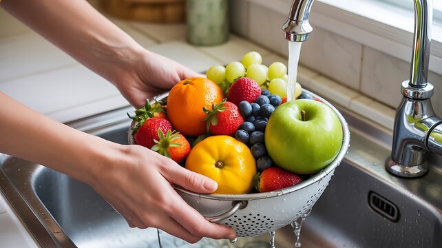 A Close-up Photograph of Hands Washing Fresh Fruit in a Metal Colander Under a Kitchen Sink Faucet