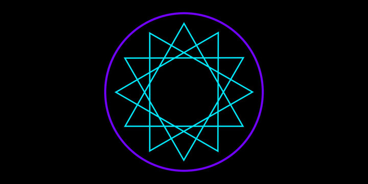 Neon cyan dodecagram star inside purple circular frame creates glowing mystical geometric symbol on black background for logo.