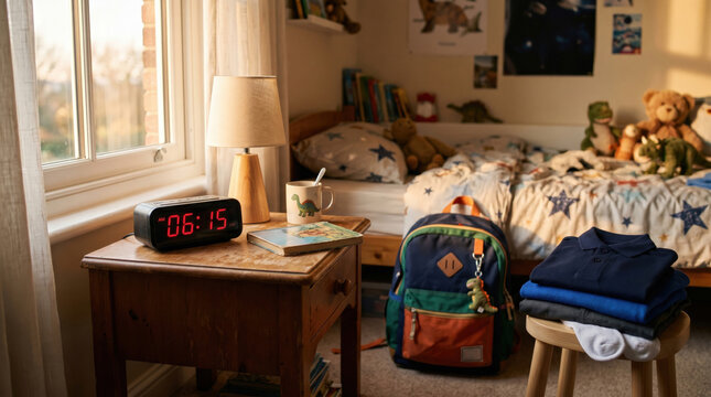 Early morning in a child's bedroom with a digital alarm clock. Folded school uniform and a colorful backpack ready for the day. Back to school morning routine concept