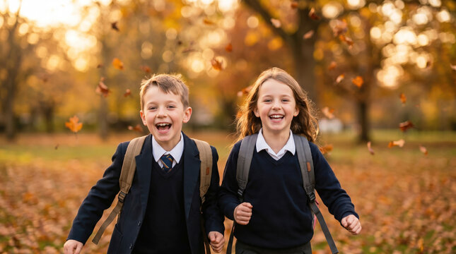 Young students in school uniforms running and laughing in an autumn park. Happy children with backpacks and falling leaves. Education concept