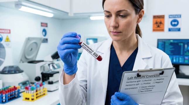 Female scientist holding a hantavirus blood test tube and lab results checklist. Medical researcher analyzing antibody diagnostics in a modern clinical laboratory